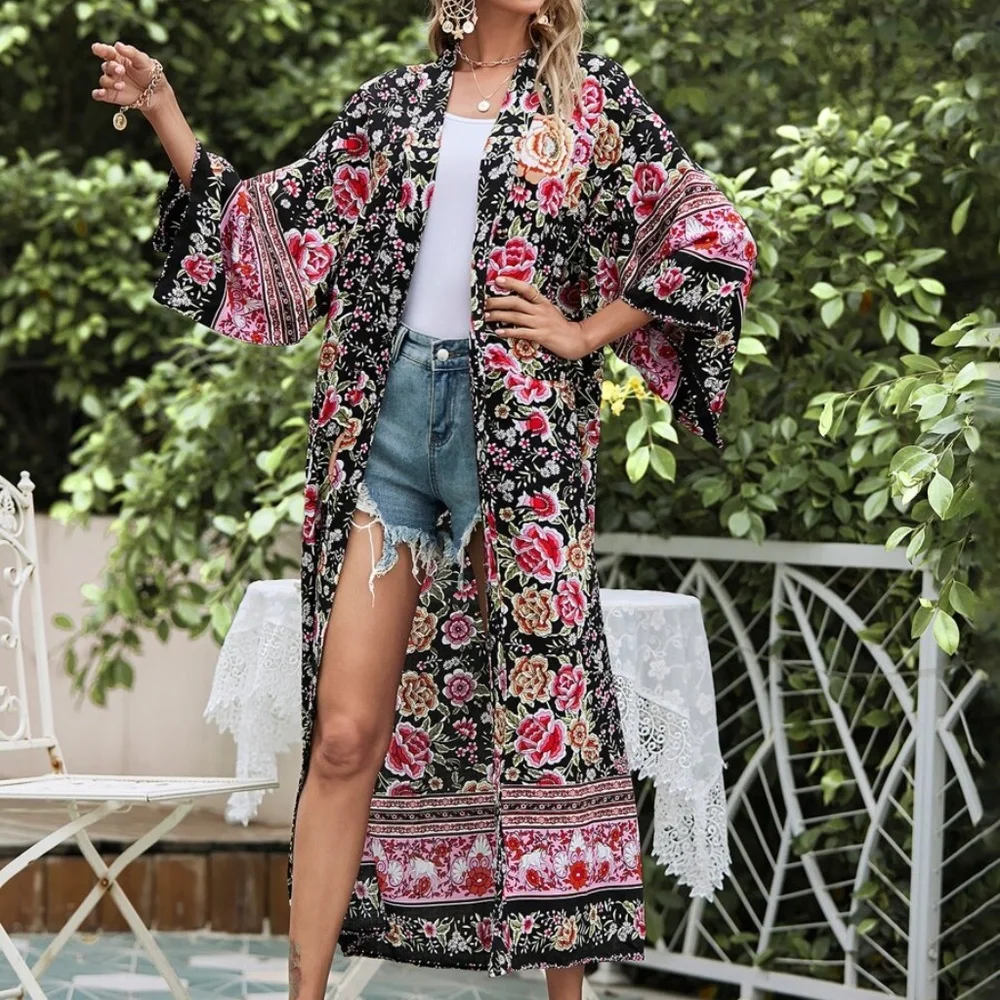 Boho Black Pink Floral Belted Long Kimono Cover up Beach - Picture 5 of 11